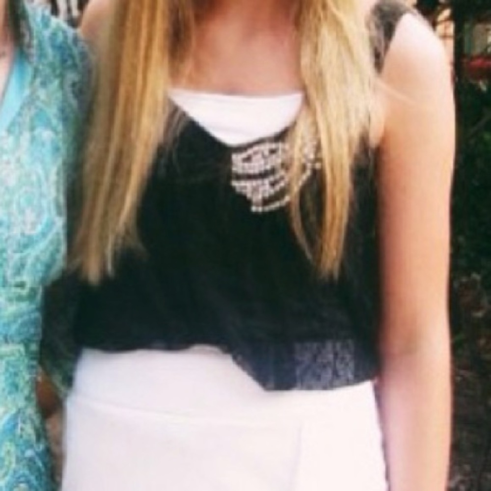 Black & white sheer top with detailed beading